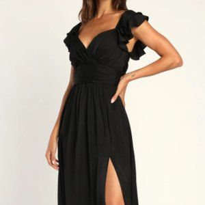 Lulus Regal Ruffles Black Satin Flutter Sleeve Midi Dress